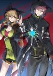  1boy 1girl :3 animal_hood bazhua black_coat black_gloves black_jacket black_shirt black_shorts blonde_hair blue_background breasts c.c._(unlight) cat_boy cat_girl cat_hood cat_tail chain chinese_commentary cleavage coat commentary_request cowboy_shot detached_collar expressionless glasses gloves green_gloves green_shirt grey_pants hair_between_eyes hands_up headphones hood hood_up hooded_coat hooded_jacket jacket kemonomimi_mode large_breasts long_sleeves looking_at_viewer multicolored_gloves ok_sign open_clothes open_hand open_jacket orange_eyes orb pants parted_lips partially_unbuttoned pink_shirt pinstripe_pants pinstripe_pattern purple_hair red_background semi-rimless_eyewear shirt short_hair short_shorts shorts side-by-side sideways_glance sleeve_cuffs smile standing suspenders tail two-tone_background two-tone_gloves two-tone_shirt tyrrell_(unlight) under-rim_eyewear underbust unlight wavy_sidelocks yellow_eyes yin_yang yin_yang_orb 