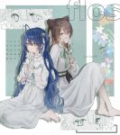  2girls ahoge amamiya_kokoro animal_ears barefoot bell blue_hair blue_nails brown_hair brown_nails calendar_(medium) cm_kuro16 commentary dog_ears dog_girl dress flos_(vocaloid) flower hair_bell hair_ornament hair_ribbon heterochromia highres holding holding_flower inui_toko jingle_bell knees_up long_hair long_sleeves looking_at_viewer multiple_girls nail_polish nijisanji official_alternate_costume red_eyes ribbon see-through_clothes see-through_sleeves sitting song_name toenail_polish toenails twitter_username two_side_up untranslatable_commentary very_long_hair virtual_youtuber white_dress white_flower white_ribbon yellow_eyes 