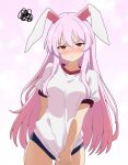  1girl :t alternate_costume animal_ears blue_buruma blush breasts buruma cato_(monocatienus) closed_mouth commentary_request embarrassed gym_shirt gym_uniform highres long_hair looking_at_viewer medium_breasts pink_background pink_hair puffy_short_sleeves puffy_sleeves rabbit_ears rabbit_girl red_eyes reisen_udongein_inaba shirt short_sleeves solo squiggle touhou very_long_hair white_shirt 