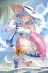  1girl absurdres beach bikini blue_hair breasts choker cleavage commentary cowboy_shot day face_jewel facial_mark flower green_eyes halo hat head_wings heart heart-shaped_eyewear heart_facial_mark highres honkai:_star_rail honkai_(series) innertube jewel_under_eye jewelry large_breasts long_hair mark_under_eye necklace official_alternate_costume one_eye_closed outdoors purple_choker robin_(honkai:_star_rail) robin_(summeretto)_(honkai:_star_rail) sarong smile sun_hat sunflower swim_ring swimsuit taero very_long_hair white_bikini white_sarong white_wings wings 