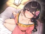  1girl black_hair blurry blurry_background blush braid breasts cleavage closed_mouth clothes_lift dainana_sugune from_above futon hair_between_eyes hair_ornament highres indoors japanese_clothes kimono lamp large_breasts long_hair looking_at_viewer mole mole_under_mouth no_bra on_bed original pillow pink_kimono purple_eyes seiza sitting solo sweat tatami thighs variant_set very_long_hair voice_drama_available yukata 