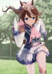  1girl absurdres animal_ears ascot asymmetrical_gloves blue_eyes blue_gloves breasts brown_hair buttons cape commentary double-breasted epaulettes gloves hair_between_eyes highres horse_ears horse_girl horse_tail jacket long_hair long_sleeves mismatched_gloves multicolored_hair multicolored_jacket nao_toyooooo outdoors parted_lips pink_ascot pink_cape ponytail running single_epaulette single_hair_streak skirt small_breasts smile solo streaked_hair tail tokai_teio_(peak_joy)_(umamusume) tokai_teio_(umamusume) two-tone_hair two-tone_jacket two-tone_skirt umamusume white_gloves white_hair white_jacket white_skirt white_streaks 