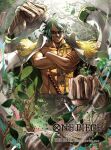  1boy belt chest_tattoo cigarette coat coat_on_shoulders collarbone commentary_request copyright_logo copyright_name copyright_notice crossed_arms devil_fruit_power epaulettes feet_out_of_frame green_hair grin leaf logo looking_at_viewer male_focus marine_uniform_(one_piece) moreshan mouth_hold official_art one_piece one_piece_card_game ryokugyu_(one_piece) short_hair smile solo straight-on sunglasses sword tattoo teeth_hold weapon white_coat 