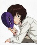  1girl arm_support black_eyes brown_hair closed_mouth collar derivative_work grey_background hair_between_eyes holding holding_mask ikari_yui jacket long_sleeves mask neon_genesis_evangelion one_eye_covered pink_collar pink_sleeves purple_mask short_hair solo white_jacket 
