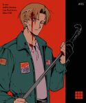  1boy american_flag blonde_hair blood blood_in_hair blood_on_clothes blood_on_face blood_on_hand blue_eyes closed_mouth collared_shirt english_commentary green_jacket haejeo1008 highres holding holding_lead_pipe jacket james_sunderland lead_pipe looking_at_viewer male_focus parted_bangs red_background shirt short_hair silent_hill_(series) silent_hill_2 solo standing upper_body white_shirt 