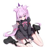  1girl bare_shoulders black_boots black_dress blue_archive boots closed_mouth commentary_request dress fishnet_thighhighs fishnets garter_belt hair_between_eyes halo highres jirai_kei karen_(blue_archive) korean_commentary kujj0531 light_smile long_hair looking_at_viewer purple_eyes purple_hair purple_halo single_fishnet_legwear sitting solo thighhighs thighs twintails wariza white_background 