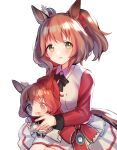  1girl animal_ears aston_machan_(flare)_(umamusume) aston_machan_(umamusume) black_bow black_bowtie blush bow bowtie breasts brown_hair character_doll commentary_request crown cutie_(umamusume) doll green_eyes hair_ornament hair_scrunchie highres holding holding_doll horse_ears horse_girl horse_tail jacket large_breasts long_sleeves looking_at_viewer mini_crown open_mouth red_sash red_scrunchie red_sleeves sash satokado scrunchie shirt shoulder_sash simple_background skirt solo tail tilted_headwear umamusume white_background white_jacket white_shirt white_skirt 