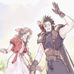  1boy 1girl aerith_gainsborough arm_up bangle black_gloves black_hair blush bracelet braid braided_ponytail brown_hair buster_sword closed_eyes commentary_request couple cowboy_shot facing_viewer final_fantasy final_fantasy_vii final_fantasy_vii_remake gloves green_eyes hair_ribbon hatidoricrisp height_difference hetero highres holding_hands jacket jewelry looking_at_viewer open_clothes open_jacket open_mouth pink_ribbon pink_sweater ponytail red_jacket ribbon short_hair short_sleeves sketch sleeveless sleeveless_turtleneck smile spiked_hair suspenders sweater sword sword_on_back turtleneck turtleneck_sweater twitter_username waving weapon weapon_on_back zack_fair 