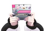  1girl absurdres black_sleeves camera character_charm character_sticker charm_(object) clero_(viprimo) commentary disembodied_hand english_commentary fujikura_uruka fujikura_uruka_(1st_costume) game_cartridge h2osakana hakushika_iori hakushika_iori_(1st_costume) hand_focus handheld_game_console highres holding holding_handheld_game_console long_sleeves nail_polish nintendo_3ds phase_connect phase_origins pipkin_pippa pipkin_pippa_(1st_costume) purple_nails rinkou_ashelia rinkou_ashelia_(lia_1.0) shisui_michiru shisui_michiru_(michiru_1.0) simple_background solo sticker tenma_maemi tenma_maemi_(1st_costume) transparent_background two-tone_sleeves utatane_nasa utatane_nasa_(nasa_1.0) virtual_youtuber white_sleeves 