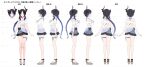  1girl absurdres asymmetrical_horns bikini bikini_skirt bikini_top_under_shirt bikini_under_clothes black_bikini black_hair blue_hair braid braided_ponytail breasts cleavage colored_inner_hair commentary curtained_hair english_commentary flower frilled_bikini frilled_skirt frills full_body grey_skirt halterneck highres hololive hololive_english horn_flower horns kikinoki long_hair low_ponytail miniskirt mole mole_under_eye multicolored_hair multiple_views navel nerissa_ravencroft nerissa_ravencroft_(summer) official_alternate_costume official_alternate_hairstyle ponytail purple_eyes reference_sheet sandals second-party_source shirt short_hair single_off_shoulder skirt solo stomach swimsuit t-shirt thigh_strap translation_request turnaround uneven_horns very_long_hair virtual_youtuber white_shirt 