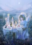  1girl alcohol angel angel_wings animal ao_o81 arm_on_table blue_sky bottle brown_hair cake cake_slice candle candle_wax chair closed_mouth collarbone commentary_request crescent_moon cup dress drinking_glass elbow_rest flower fog food fork grass green_eyes hair_intakes halo highres hill holding holding_fork long_dress looking_at_animal medium_hair moon mountainous_horizon mouse_(animal) nature on_chair original outdoors plate round_table sitting sky smile solo strawberry_cake table traditional_halo tree twitter_username watermark wax white_dress white_flower white_headdress wine wine_glass wings yellow_halo 