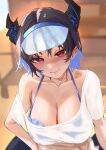  1girl absurdres alternate_hairstyle asymmetrical_horns black_hair black_horns blue_hair blush breasts cleavage colored_inner_hair commentary daaku_(koizumi_arata) demon_horns hat highres hololive hololive_english horns large_breasts looking_at_viewer mole mole_under_eye multicolored_hair nerissa_ravencroft nerissa_ravencroft_(summer) off_shoulder official_alternate_costume official_alternate_hairstyle red_eyes see-through_clothes see-through_shirt shirt short_hair smile solo swimsuit swimsuit_under_clothes two-tone_hair uneven_horns virtual_youtuber white_shirt 