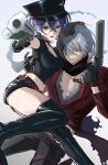  1boy 1girl aiming aiming_at_viewer belle_(zenless_zone_zero) black_boots black_gloves black_hat black_pants black_shirt blue_eyes blue_hair boots breasts brother_and_sister commentary_request cross cross_necklace crossed_bangs gloves green_eyes grey_background grey_hair gun hair_between_eyes hair_over_one_eye hat highres holding holding_gun holding_weapon jacket jewelry looking_at_viewer medium_breasts narahazime navel necklace open_mouth pants parted_lips red_jacket revolver shirt short_hair siblings simple_background thigh_boots weapon wise_(zenless_zone_zero) zenless_zone_zero 