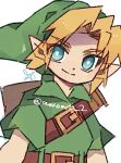  1boy ankomochi_(tomatoaaa) artist_name baldric belt blonde_hair blue_eyes brown_belt collared_tunic commentary curtained_hair deku_shield fairy green_hat green_tunic hat link looking_at_viewer navi pointy_ears scabbard sheath shield smile the_legend_of_zelda the_legend_of_zelda:_ocarina_of_time tunic upper_body young_link 