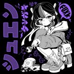  1girl belt_collar black_background blush cake censored_profanity character_name collar commentary_request cosplay earrings english_text food fork fruit geungimon goddess_of_victory:_nikke highres jacket jewelry knee_to_chest korean_commentary legs_folded legs_together mixed-language_text partially_colored ribbon shoes short_hair socks squatting strawberry syuen_(nikke) syuen_(young)_(nikke) syuen_(young)_(nikke)_(cosplay) translation_request 