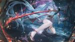  1girl abandoned absurdres black_nails cherry_blossoms chinese_commentary commentary_request dilapidated dutch_angle ergouzi_echo feet foreshortening high_ponytail highres holding holding_sword holding_weapon japanese_clothes long_hair looking_at_viewer neverness_to_everness night ootachi parted_lips platform_sandals ponytail sandals second-party_source smile solo sword very_long_hair weapon white_hair wide_sleeves zankou_(nte) 