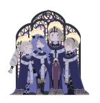  2boys 2girls ai-wa arched_window camilla_(fire_emblem) closed_eyes commentary crest_of_nohr elise_(fire_emblem) english_commentary fire_emblem fire_emblem_fates gold_trim halo highres holding holding_sword holding_weapon leo_(fire_emblem_fates) multiple_boys multiple_girls praying purple_robe robe royal_robe siblings stained_glass sword traditional_halo weapon window xander_(fire_emblem) 
