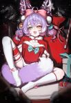  1girl ahoge asymmetrical_legwear bbeedol blue_eyes bow box commentary gift gift_box hair_bow heterochromia highres korean_commentary open_mouth pink_bow purple_hair santa_costume solo star_(symbol) stellive tail tenko_shibuki thighhighs virtual_youtuber white_thighhighs yellow_eyes 