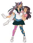  2girls :o ^_^ apron asymmetrical_legwear bandaged_leg bandages bandaid bandaid_on_knee bandaid_on_leg black_hair blue_hair blue_skirt blue_streaks blue_thighhighs blush blush_stickers carrying closed_eyes collared_shirt commentary danganronpa_(series) danganronpa_2:_goodbye_despair ear_piercing english_commentary face_piercing fang full_body hair_horns highres legs_apart long_hair mermaidhugs mioda_ibuki mismatched_legwear mismatched_thighhighs mole mole_under_eye mouth_piercing multicolored_hair multiple_girls neckerchief open_mouth piercing pink_hair pink_shirt pink_streaks pink_thighhighs princess_carry puffy_short_sleeves puffy_sleeves purple_hair purple_neckerchief school_uniform serafuku shirt shoelaces shoes short_sleeves simple_background skirt smile standing streaked_hair teeth thick_eyebrows thighhighs torn_clothes torn_thighhighs tsumiki_mikan upper_teeth_only white_apron white_background white_hair white_shirt white_shoes yuri 