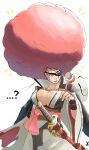  ...? 1girl 5ciss0rs afro annoyed baiken big_hair breasts cleavage commentary english_commentary facial_tattoo guilty_gear guilty_gear_strive highres huge_afro japanese_clothes kimono large_breasts multicolored_kimono open_clothes open_kimono scabbard scar scar_on_face sheath solo tattoo 