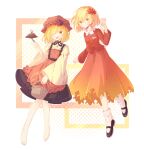  2girls absurdres aki_minoriko aki_shizuha apron barefoot black_shoes black_skirt blonde_hair branch closed_mouth collared_shirt commentary_request food fruit_hat_ornament gradient_clothes gradient_skirt grape_hat_ornament hair_ornament hat highres holding holding_branch leaf leaf_hair_ornament long_sleeves looking_at_viewer maple_leaf mary_janes mob_cap multiple_girls open_mouth orange_apron orange_eyes red_shirt red_skirt roasted_sweet_potato shirt shoes short_hair siblings sisters skirt smile socks sweet_potato toes touhou white_socks y_h yellow_eyes yellow_shirt 