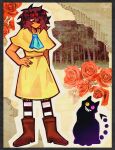  1other absurdres alternate_costume androgynous antenna_hair artist_name ascot black_nails blue_ascot boots brown_boots brown_hair closed_mouth commentary deltarune dress english_commentary friend_(deltarune) full_body hand_on_own_hip highres invisible_floor kris_(deltarune) mihych mole mole_under_mouth other_focus red_eyes short_hair solo standing utdr_(toby_fox) yellow_dress 