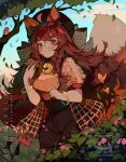  1girl animal_ears bell beret bird black_pants blue_sky blueberry_muffin bow bracelet braid breasts brown_bird brown_hair bug bush butterfly cleavage cleavage_cutout clothing_cutout cloud commentary crinoline day eating falling_leaves falling_petals floating_hair flower food food_on_face fox_ears fox_girl fox_tail freckles glasses gold_bracelet hat highres holding holding_food jewelry jingle_bell leaf littlebluemuffin long_hair medium_breasts muffin neck_bell orange_butterfly orange_sweater original pants petals pink_flower pink_petals round_eyewear short_sleeves side_braids sky sweater tail tree untranslatable_commentary very_long_hair watermark wavy_hair 