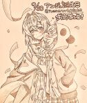  2girls ahoge ange_katrina ange_katrina_(1st_costume) animal_hood blush blush_stickers bow bowtie cardigan closed_eyes closed_mouth commentary_request confetti crossed_bangs dated fang fang_out graphite_(medium) hair_between_eyes hair_intakes hand_in_pocket hand_up heart highres hood hood_up hooded_jacket jacket kiss kissing_cheek long_sleeves medium_hair mole mole_under_eye monochrome multiple_girls nijisanji noharano off_shoulder open_clothes open_jacket panda_hood paper_texture plaid_clothes plaid_skirt pleated_skirt sasaki_saku sasaki_saku_(1st_costume) sepia simple_background skirt smile split_mouth spot_color surprise_kiss surprised sweatdrop traditional_media translation_request virtual_youtuber wavy_mouth yuri 