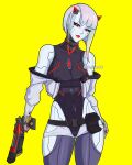  1girl absurdres belt commentary english_commentary gun highres holding holding_gun holding_weapon horns jacket looking_at_viewer overwatch red_eyes red_horns red_lips red_nails robot_girl seifortt shion_(overwatch) short_hair utility_belt weapon white_hair white_jacket 