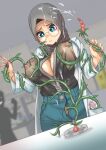  1girl 1other absurdres asma_(pixiv_110196850) black_shirt blue_eyes blue_nails blurry blurry_background breasts commentary condom condom_wrapper counter covered_nipples denim english_commentary eyelashes female_pubic_hair glasses highres hijab huge_breasts jeans lab_coat nipples open_fly original pants plant pubic_hair pubic_hair_peek rape scared see-through_clothes see-through_shirt shirt silhouette solo_focus standing tentacles tentacles_under_clothes vines 