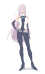  1girl aqua_eyes aqua_necktie belt black_gloves black_pants black_shirt black_shoes breasts closed_mouth commentary dark-skinned_female dark_skin detached_collar detached_sleeves earrings eiyuu_densetsu flat_color full_body gloves hair_over_one_eye hand_on_own_hip high_heels jewelry kai_no_kiseki kuro_no_kiseki_(series) long_hair looking_to_the_side medium_breasts midriff necktie pants poki_(as9861164216765) purple_hair shirt shoes short_necktie sidelocks simple_background smile solo standing two-tone_shirt viola_(eiyuu_densetsu) white_background white_belt white_shirt 