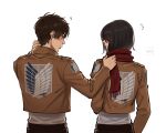  1boy 1girl absurdres adjusting_another's_clothes adjusting_scarf artist_name black_hair blush brown_hair brown_jacket eren_yeager flying_sweatdrops from_behind hand_on_own_neck hetero highres jacket karikasarin looking_at_another mikasa_ackerman paradis_military_uniform red_scarf scarf shingeki_no_kyojin shirt short_hair survey_corps_(emblem) white_background white_shirt 
