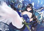  1girl asymmetrical_horns azur_lane black_hair blue_eyes blue_horns blue_sky blue_streaks breasts commentary_request day dragon_horns dutch_angle highres horns huge_breasts long_hair looking_at_viewer mole mole_under_mouth multicolored_hair open_mouth outdoors see-through_body sky solo streaked_hair unryuu_(azur_lane) very_long_hair yanazawa_ko 