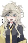  ... 1girl absurdres black_shirt blue_eyes blush cardigan collared_shirt commentary fang grey_hair hair_between_eyes highres jewelry kasukabe_tsumugi long_hair long_sleeves looking_afar looking_to_the_side magatama magatama_necklace mole mole_under_eye narukami_numari necklace necktie one_side_up open_cardigan open_clothes open_mouth penis_shadow shirt simple_background skin_fang solo upper_body voicevox white_background yellow_cardigan yellow_necktie 