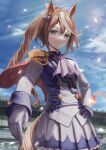  1girl absurdres animal_ears ascot asymmetrical_gloves blue_eyes blue_gloves blue_sky blush breasts brown_hair buttons cape closed_mouth cloud commentary double-breasted ear_ribbon epaulettes gloves hair_between_eyes hand_on_own_hip highres horse_ears horse_girl horse_tail jacket long_hair long_sleeves looking_at_viewer mismatched_gloves multicolored_hair multicolored_jacket nao_toyooooo outdoors pink_ascot ponytail red_cape single_epaulette single_hair_streak skirt sky small_breasts smile solo streaked_hair tail tokai_teio_(peak_joy)_(umamusume) tokai_teio_(umamusume) two-tone_hair two-tone_jacket two-tone_skirt umamusume white_gloves white_hair white_jacket white_skirt white_streaks 