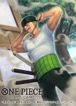  1boy bandana black_bandana black_pants commentary_request copyright_name dust earrings green_hair haramaki jewelry looking_ahead male_focus official_art one_piece one_piece_card_game open_mouth outdoors pants sideburns smile smoke solo sword tatsuya_(atelier_road) weapon 