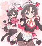  1girl :d antenna_hair asymmetrical_gloves black_boots black_gloves black_hair black_shorts blush boots commentary_request dated demon_tail demon_wings fingernails fishnet_pantyhose fishnets gloves grin happy_birthday head_wings highres holding holding_stuffed_toy idolmaster idolmaster_(classic) idolmaster_million_live! idolmaster_million_live!_theater_days kikuchi_makoto looking_at_viewer low_wings mismatched_gloves monster!_devil_(idolmaster) multiple_views nail_polish official_alternate_costume pantyhose pink_nails pink_wings pnt_0202 purple_eyes short_hair shorts sitting smile standing stuffed_animal stuffed_toy tail teddy_bear thigh_boots wings 