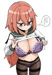  1girl adjusting_bra adjusting_clothes bags_under_eyes blue_eyes blush bra breasts brown_pantyhose cleavage clothes_lift commentary_request cowboy_shot green_sailor_collar highres himajin_noizu large_breasts lifting_own_clothes long_hair long_sleeves looking_down michinoku_komaro navel no_pants panties panties_under_pantyhose pantyhose pink_hair purple_bra purple_panties sailor_collar seitokai_ni_mo_ana_wa_aru! shirt shirt_lift simple_background solo thighband_pantyhose translation_request underwear white_background white_shirt 
