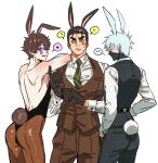  ! 3boys absurdres adjusting_clothes adjusting_gloves animal_ears backless_leotard bare_shoulders black_gloves black_hair black_leotard black_mask black_pants black_vest blush brown_hair brown_pants brown_pantyhose brown_vest cheekbones collared_shirt commentary_request cowboy_shot crossdressing crossdressing_(mtf) facepaint gloves green_necktie grey_hair hair_between_eyes hair_slicked_back hand_in_pocket hand_on_own_hip hatake_kakashi heart highres korean_commentary leotard m0_mo_momo male_focus male_playboy_bunny mask might_guy mole mole_under_mouth mouth_mask multiple_boys naruto_(series) necktie pants pantyhose rabbit_ears rabbit_tail scar scar_across_eye scar_on_face shirt short_hair spiked_hair spoken_exclamation_mark spoken_heart strapless strapless_leotard sukea_(naruto) sweatdrop tail thick_eyebrows vest waistcoat white_background white_shirt yaoi 