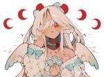  1girl angel_wings blindfold blue_bow blush bow breasts choker cleavage_cutout clothing_cutout cone_hair_bun crescent crescent_moon detached_sleeves frills gem hair_bun head_wings highres jewelry lips littlebluemuffin long_hair long_sleeves moon moon_phases necklace off_shoulder open_mouth original pearl pearl_necklace puffy_long_sleeves puffy_sleeves red_moon small_breasts string_of_pearls very_long_hair watermark white_background white_sleeves wings 