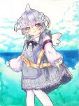  1girl absurdres armband azur_lane belt blue_background bow bowtie cloud commentary_request cowboy_shot cross dress flower frilled_sleeves frills grey_dress grey_eyes grey_hair hair_flower hair_ornament highres historical_connection leggings light_smile marker_(medium) mini_wings official_alternate_costume outdoors shiminy shirt torpedo traditional_media u-110_(a_cute_sharky_reverie)_(azur_lane) u-110_(azur_lane) water white_leggings white_shirt wings yellow_belt 