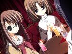  2000s_(style) 3girls :t brown_cardigan cardigan cross cross_necklace cup drinking_glass drinking_straw facing_away game_asset glasses green_eyes indoors jewelry kagome_(traumatize) looking_at_another mizuo_ayumi multiple_girls neckerchief necklace non-web_source official_art open_mouth own_hands_together purple_eyes red_neckerchief rimless_eyewear sailor_collar self-datamine subarashiki_hibi takashima_zakuro tsukikawa_usami visual_novel_cg 