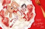  1girl 2026 :3 absurdres ameneko_(ameneko_illust) antenna_hair apron birthday birthday_cake black_eyes black_hair blush box cake commentary_request cream dress food food-themed_clothes fork fruit gift gift_box gloves happy_birthday highres idolmaster idolmaster_(classic) kikuchi_makoto looking_to_the_side maid_headdress necktie pantyhose red_shoes ribbon shoes short_hair smile solo strawberry stuffed_animal stuffed_toy teddy_bear tongue tongue_out 