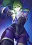  1girl breasts closed_mouth commentary_request covered_navel doll_joints downturned_eyes duel_monster el_shaddoll_winda empty_eyes expressionless from_below green_eyes green_hair hair_between_eyes highres joints long_hair long_sleeves looking_at_viewer mechanical_arms mechanical_hands mechanical_legs medium_breasts navel ponytail puppet_strings raised_eyebrows smile solo twitter_username wide_sleeves winda_(yu-gi-oh!) xunfengbeng yu-gi-oh! 