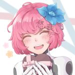  1girl android artist_name blue_flower box closed_eyes commentary_request cytus cytus_ii flower gift gift_box hair_flower hair_ornament heart-shaped_box highres holding holding_gift metal_skin open_mouth pink_hair portrait short_hair skin_seams smile vanessa_(cytus_ii) youzaiyouzai112 