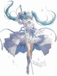  1girl :| aqua_eyes aqua_hair arm_up asymmetrical_sleeves back_ribbon bare_legs blue_bow blue_flower blue_gem blue_nails boots bow breasts closed_mouth commentary_request dated detached_sleeves double-parted_bangs dress dress_ribbon flower full_body gem hair_between_eyes hair_bow hatsune_miku high-low_dress high_collar highres holding holding_sword holding_weapon knee_boots lace-trimmed_dress lace_trim long_hair memory_mie pendant_collar sidelocks simple_background small_breasts solo sparkle sword twintails two-sided_dress two-sided_fabric vocaloid weapon white_background white_boots white_dress white_sleeves 