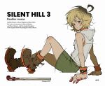  1girl bare_shoulders blonde_hair blood blood_on_hand blood_on_weapon boots breasts brown_boots character_name full_body green_skirt haejeo1008 heather_mason highres hood hood_down hooded_vest hoodie lead_pipe looking_at_viewer medium_breasts miniskirt orange_shirt police shirt short_hair silent_hill_(series) silent_hill_3 sitting skirt sleeveless sleeveless_shirt solo turtleneck twitter_username vest weapon white_background white_vest wristband 