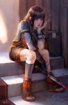  1girl arm_belt black_boots black_hair black_shorts blood blood_on_face blood_on_weapon blue_eyes boots cigarette cigarette_butt closed_mouth earrings elbow_on_thigh elbow_rest full_body grey_socks highres holding holding_cigarette holding_sword holding_weapon jewelry kneehighs leg_tattoo lips looking_at_viewer medium_hair mole mole_under_eye nose open-toe_boots original razaras realistic ring shorts sidelighting signature single_kneehigh single_sock single_vambrace sitting sitting_on_stairs smoke smoking socks solo stairs sword tattoo vambraces weapon 