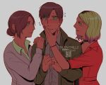  1boy 2girls black_choker blonde_hair blush bracelet brown_hair cardigan choker collared_shirt colored_tips flying_sweatdrops furrowed_brow green_jacket grey_background grey_shirt hair_bun hand_on_another's_chin hands_on_another's_shoulder hetero highres hum19860921 husband_and_wife jacket james_sunderland jewelry looking_at_another maria_(silent_hill) mary_shepherd-sunderland multicolored_hair multiple_girls pink_hair purple_cardigan qr_code red_jacket ring shirt short_hair silent_hill_(series) silent_hill_2 silent_hill_2_(remake) smile sweatdrop updo upper_body wedding_ring white_shirt 