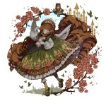  1girl absurdly_long_hair accurate_lolita_coord angel_wings bloomers bow branch brown_hair buttons castle character_doll classic_lolita closed_mouth commentary cross crown doll dress dress_flower drill_hair falling_petals feathered_wings floating_clothes floating_hair flower flower-trimmed_dress frilled_dress frilled_hairband frills grass green_bow green_dress green_eyes green_shoes hair_bow hairband highres holding holding_doll holding_needle layered_dress light_smile littlebluemuffin lolita_fashion long_hair long_sleeves low_drills multiple_hair_bows neck_flower needle original petals pink_flower pink_petals pink_rose puffy_long_sleeves puffy_sleeves rose sewing sewing_needle shoes smile sparkle standing standing_on_one_leg tears thick_eyebrows thread very_long_hair white_background wings 